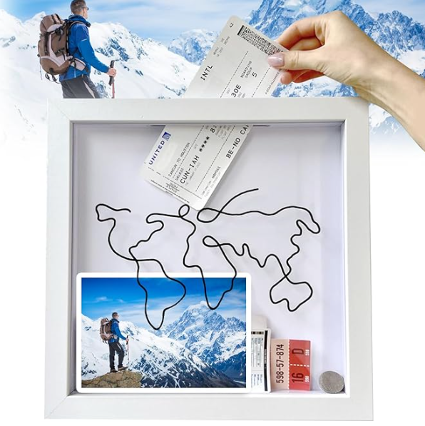 Large Size 30 cm Adventure Archive Box Frame | White Travel Memory Box for Ticket Collection | Wood Frame Memory Box