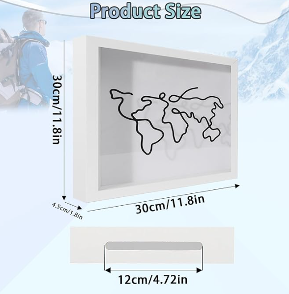 Large Size 30 cm Adventure Archive Box Frame | White Travel Memory Box for Ticket Collection | Wood Frame Memory Box