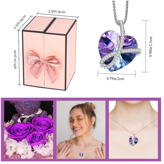 Preserved Purple Rose Moss Bear With Purple Heart Crystal Necklace