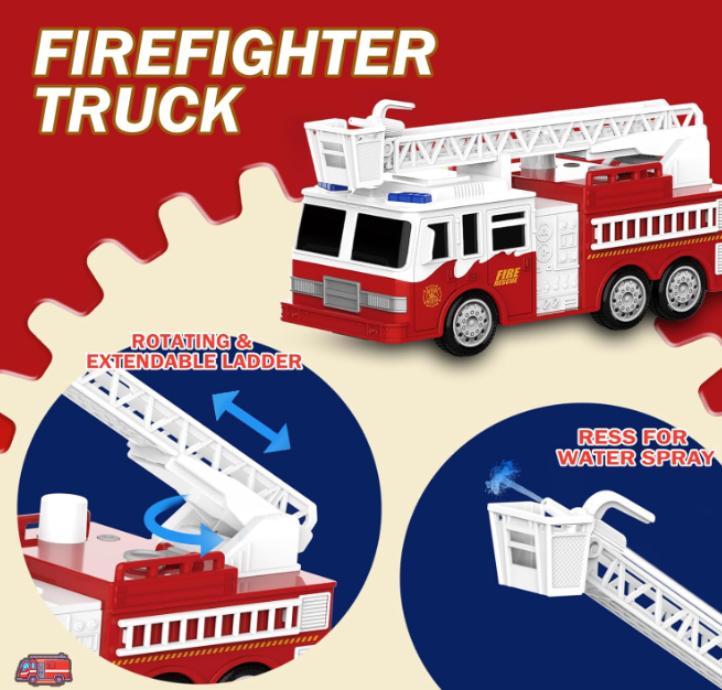 4 Pack Friction Powered City Hero Play Set Including Fire Engine Truck, Ambulance, Police Car and Helicopter Emergency Vehicles with Light and Sound