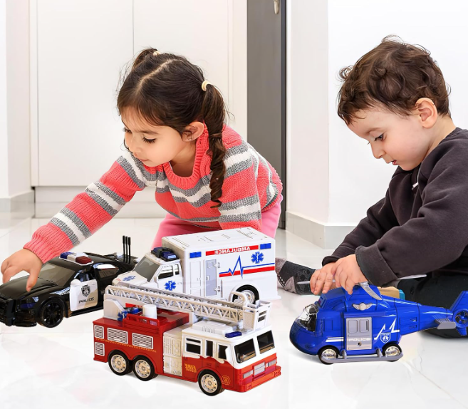 4 Pack Friction Powered City Hero Play Set Including Fire Engine Truck, Ambulance, Police Car and Helicopter Emergency Vehicles with Light and Sound