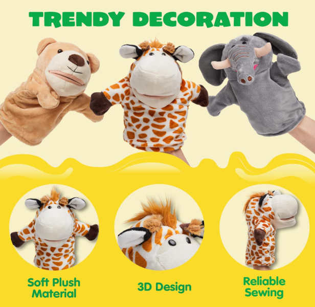 Animal Friends Deluxe Kids Hand Puppets with Working Mouth (Pack of 6) for Imaginative Play