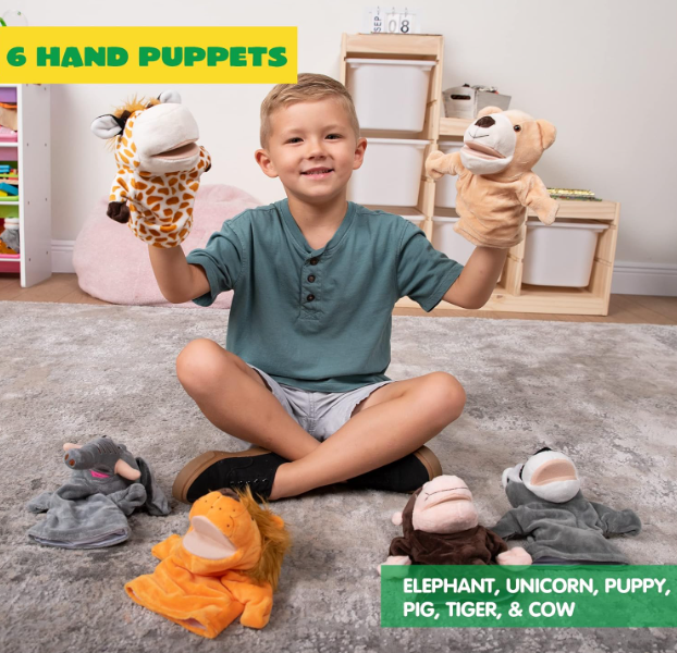 Animal Friends Deluxe Kids Hand Puppets with Working Mouth (Pack of 6) for Imaginative Play