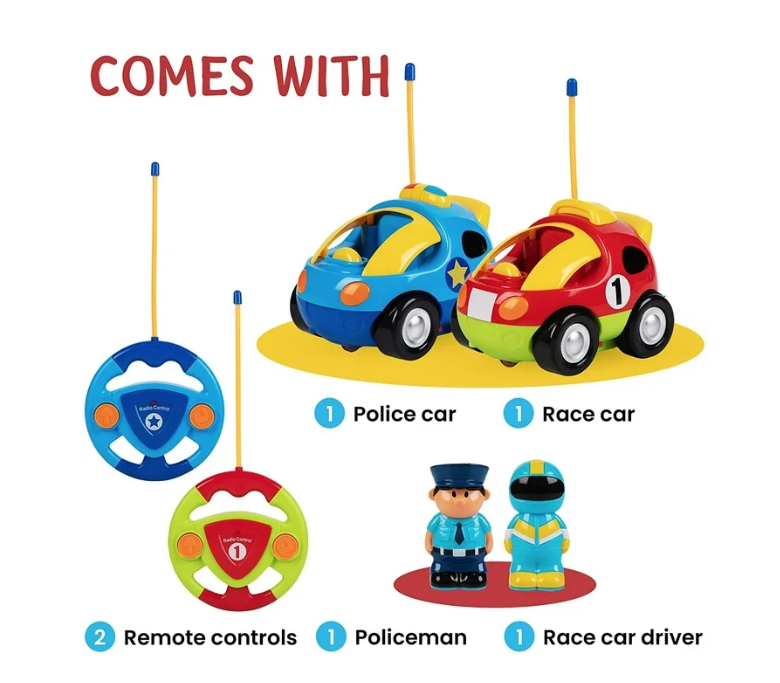 Remote Control Cars for Kids Age 3 and Up - 2-Pack Cartoon RC Car Police and Race Kids Toys