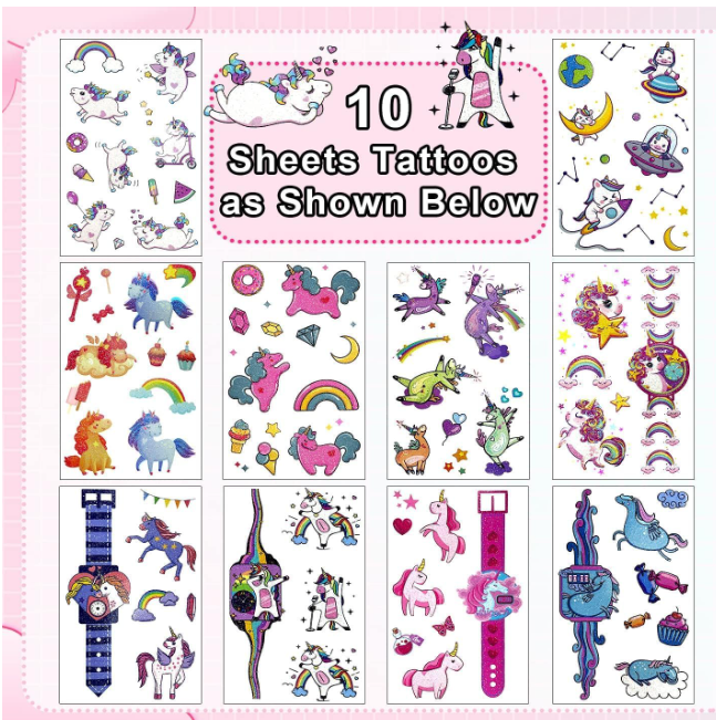 Unicorns Glitter Tattoos for Kids, 12 Sheets Temporary Tattoos