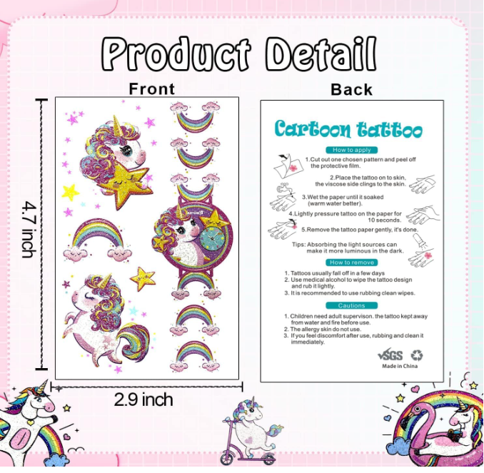 Unicorns Glitter Tattoos for Kids, 12 Sheets Temporary Tattoos