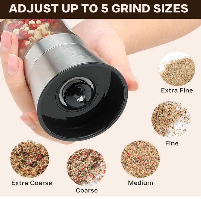 Stainless Steel Salt and Pepper Grinder Set of 2 - Pepper Mill & Salt Mill with Adjustable Coarseness