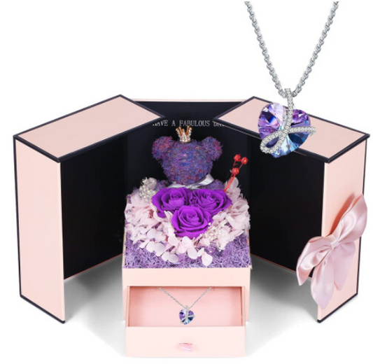Preserved Purple Rose Moss Bear With Purple Heart Crystal Necklace