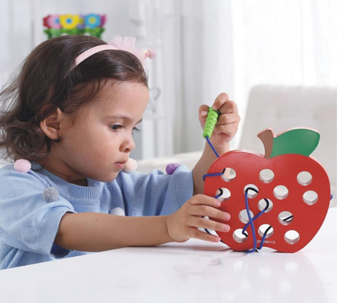 Wooden Worm Eating Fruit Threading Toy