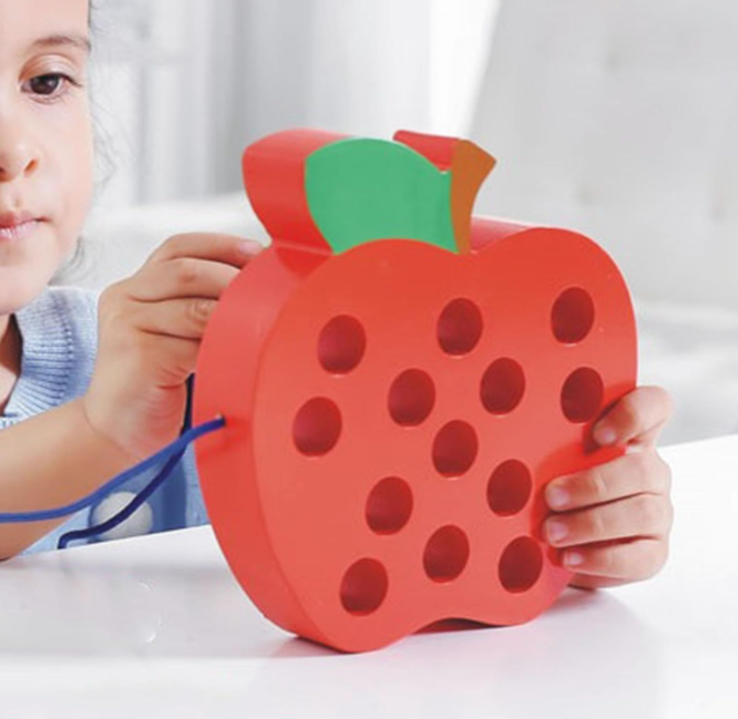 Wooden Worm Eating Fruit Threading Toy