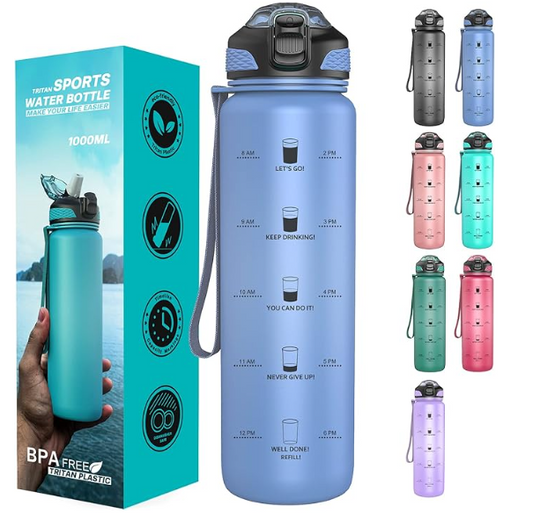 1 Litre Time Marked Water Bottle with Straw, Leakproof BPA-free Tritan Water Bottle - Green