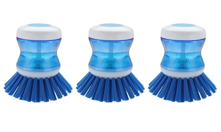 Dish Brush with Soap Dispenser for Dishes Pot Pan Kitchen Sink Scrubbing, Blue 3pcs