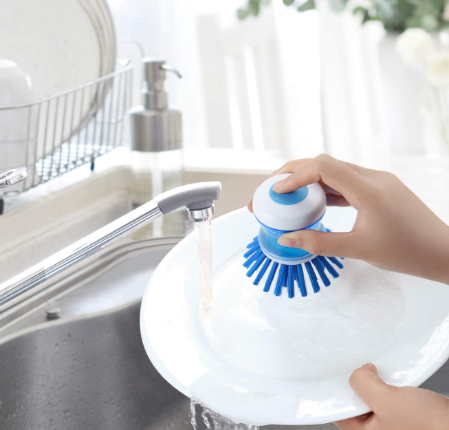 Dish Brush with Soap Dispenser for Dishes Pot Pan Kitchen Sink Scrubbing, Blue 3pcs