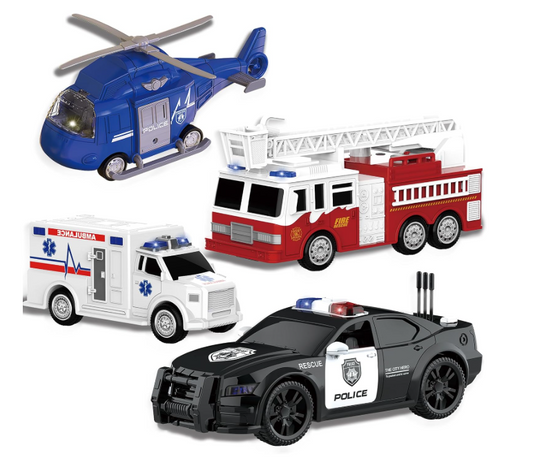 4 Pack Friction Powered City Hero Play Set Including Fire Engine Truck, Ambulance, Police Car and Helicopter Emergency Vehicles with Light and Sound