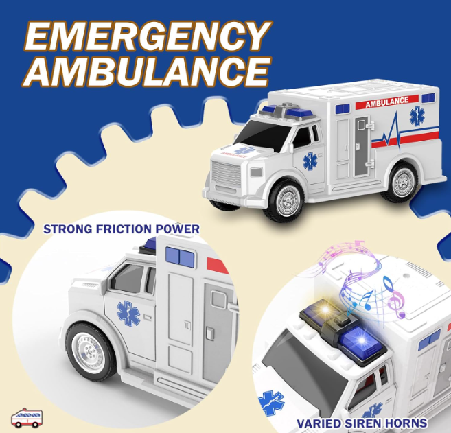 4 Pack Friction Powered City Hero Play Set Including Fire Engine Truck, Ambulance, Police Car and Helicopter Emergency Vehicles with Light and Sound