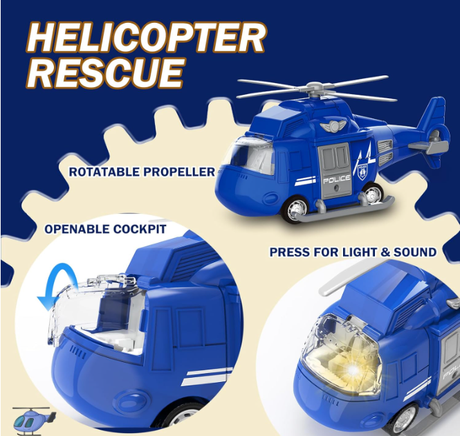 4 Pack Friction Powered City Hero Play Set Including Fire Engine Truck, Ambulance, Police Car and Helicopter Emergency Vehicles with Light and Sound
