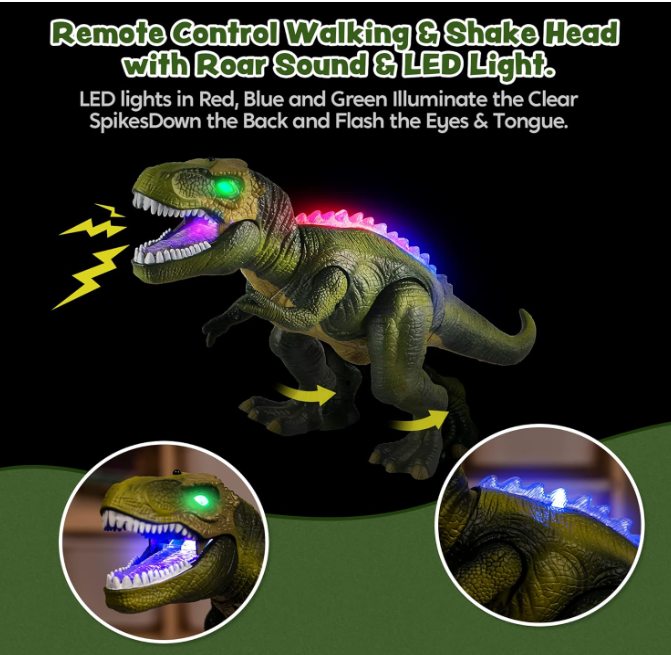 LED Light Up Remote Control Dinosaur Walking and Roaring Realistic T-Rex Dinosaur Toys with Glowing Eyes, Walking Movement, Shaking Head For Toddlers Boys Girls