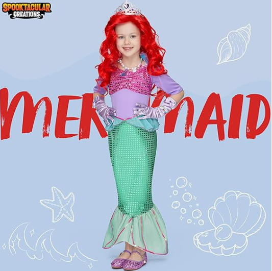 Spooktacular Creations Girls Mermaid Costume, Kids Mermaid Princess Fancy Dress Up Set with Red Wig and Headband