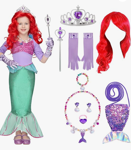 Spooktacular Creations Girls Mermaid Costume, Kids Mermaid Princess Fancy Dress Up Set with Red Wig and Headband